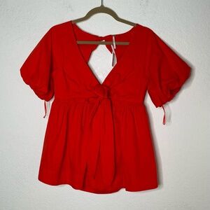 Free People NWT Balloon Sleeve Open Back Tie Front Top Size XS Red Orange